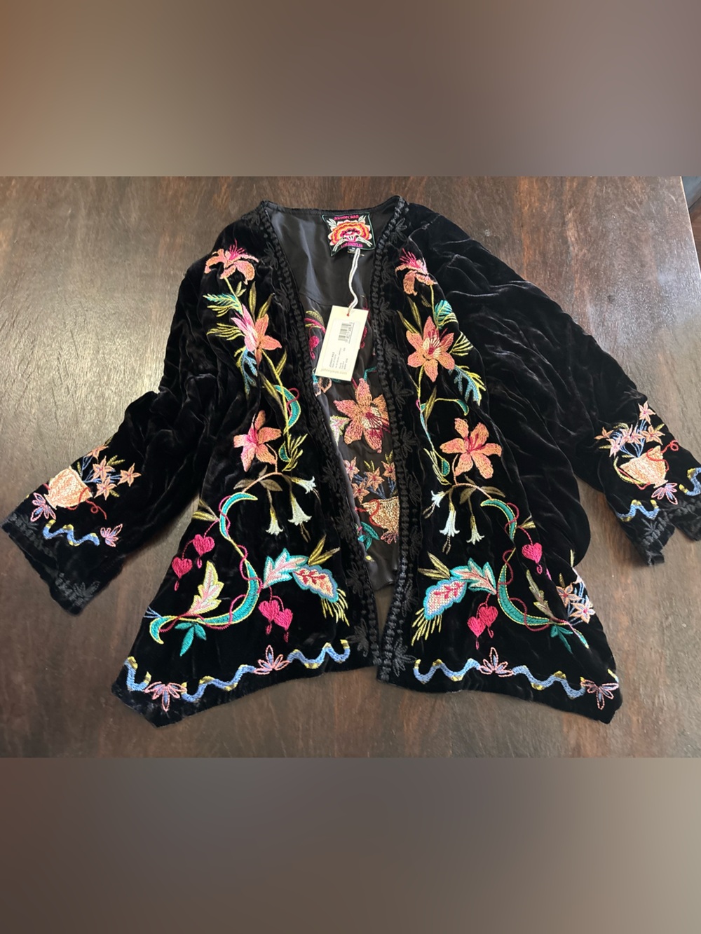 Johnny Was Black Velvet Embroidered Floral Robe Jacket